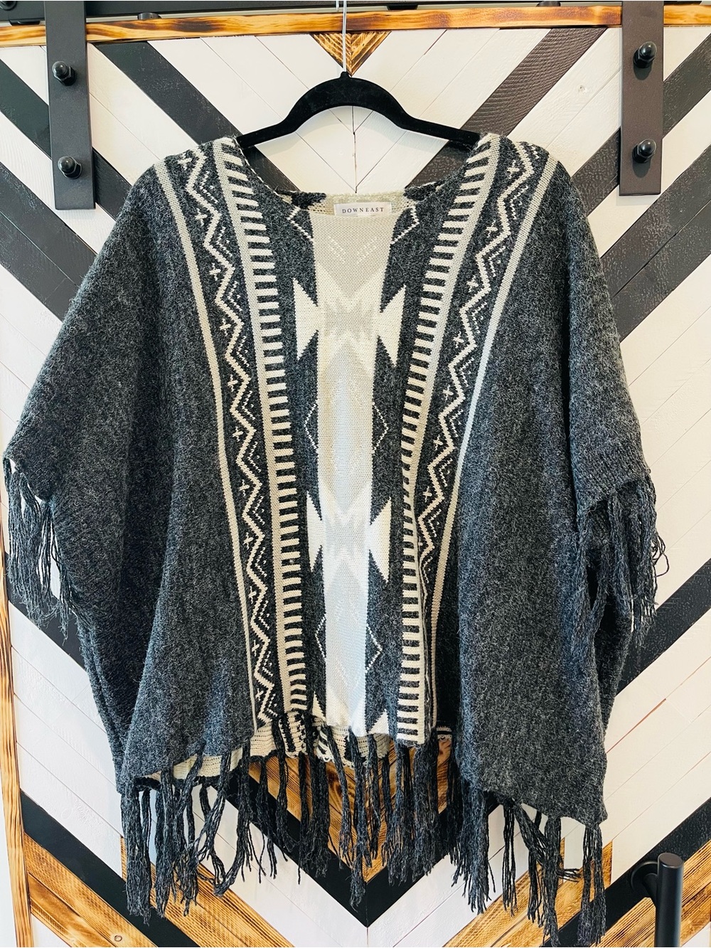 Gray & Cream Fringe Aztec Poncho